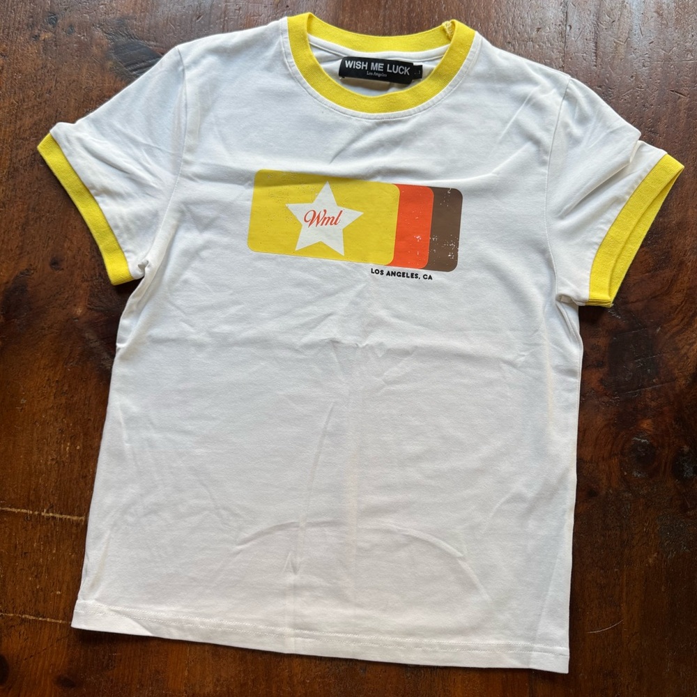 White Short Sleeve Ringer Tee with Yellow Trim